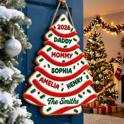 Personalized Family Christmas Tree Cake Wooden Sign, Custom Front Door Decor, Creative Gift for Families