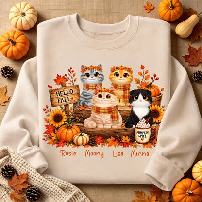 Hello Fall Personalized Cat Sweatshirt, Warm Autumn Cat Scene, Creative Gift for Cat Moms and Friends