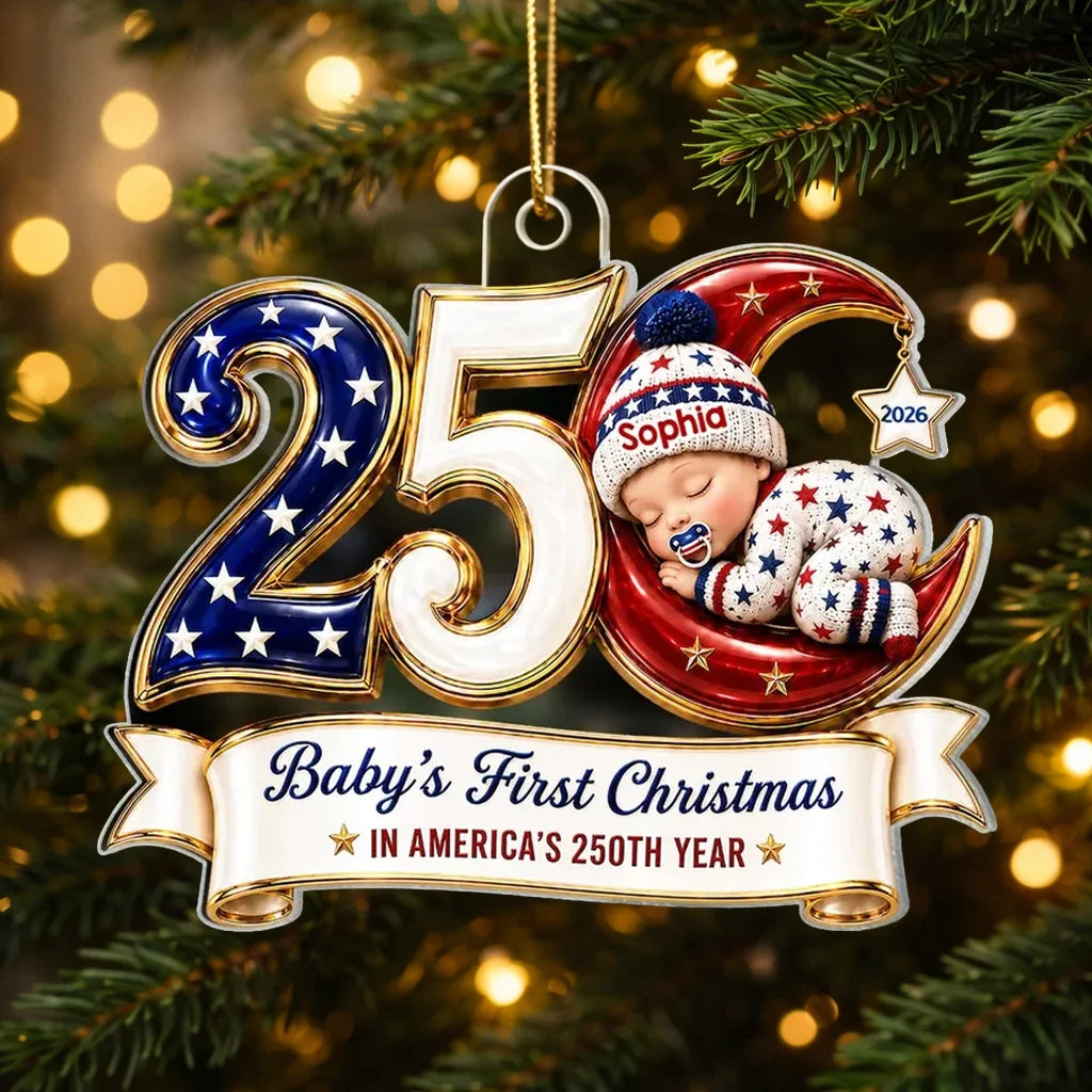 Personalized Acrylic Ornament, Sleeping Baby's First Christmas in Patriotic Colors, Unique Gift for New Parents