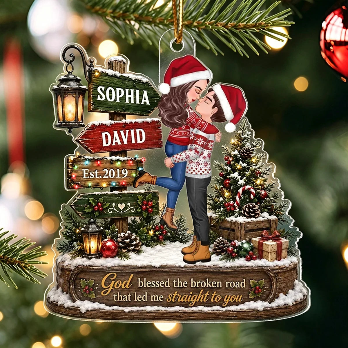 God Blessed the Broken Road Personalized Acrylic Ornament, Kissing Couple in Rustic Christmas Scene, Creative Couple Gift