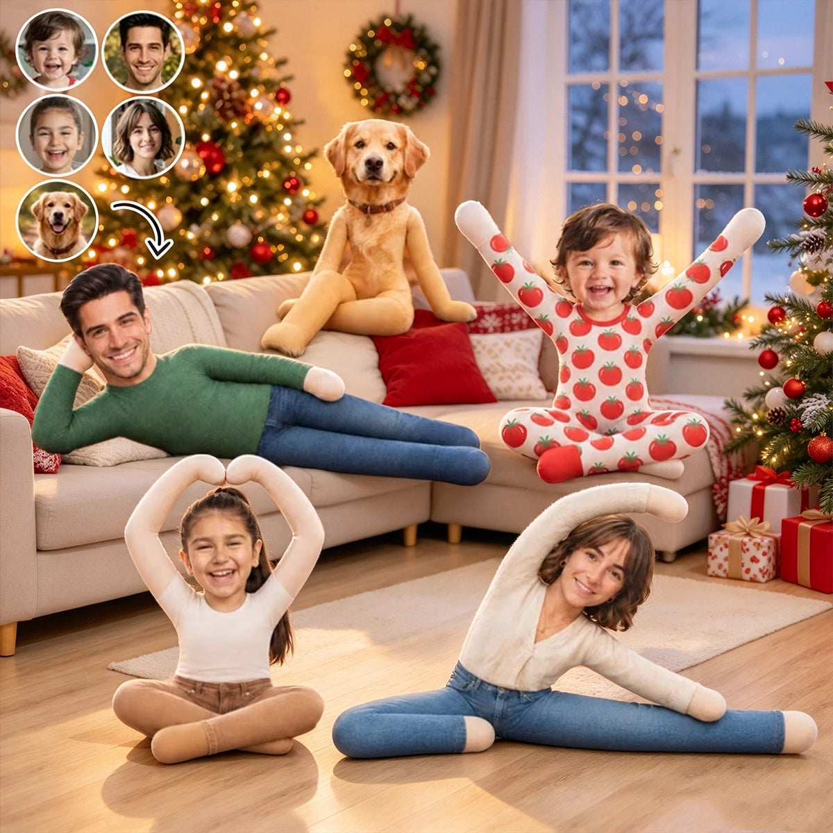 Personalized Photo Squishy Plush Doll, Family Posing by a Cozy Christmas Tree, Unique Gift for Family
