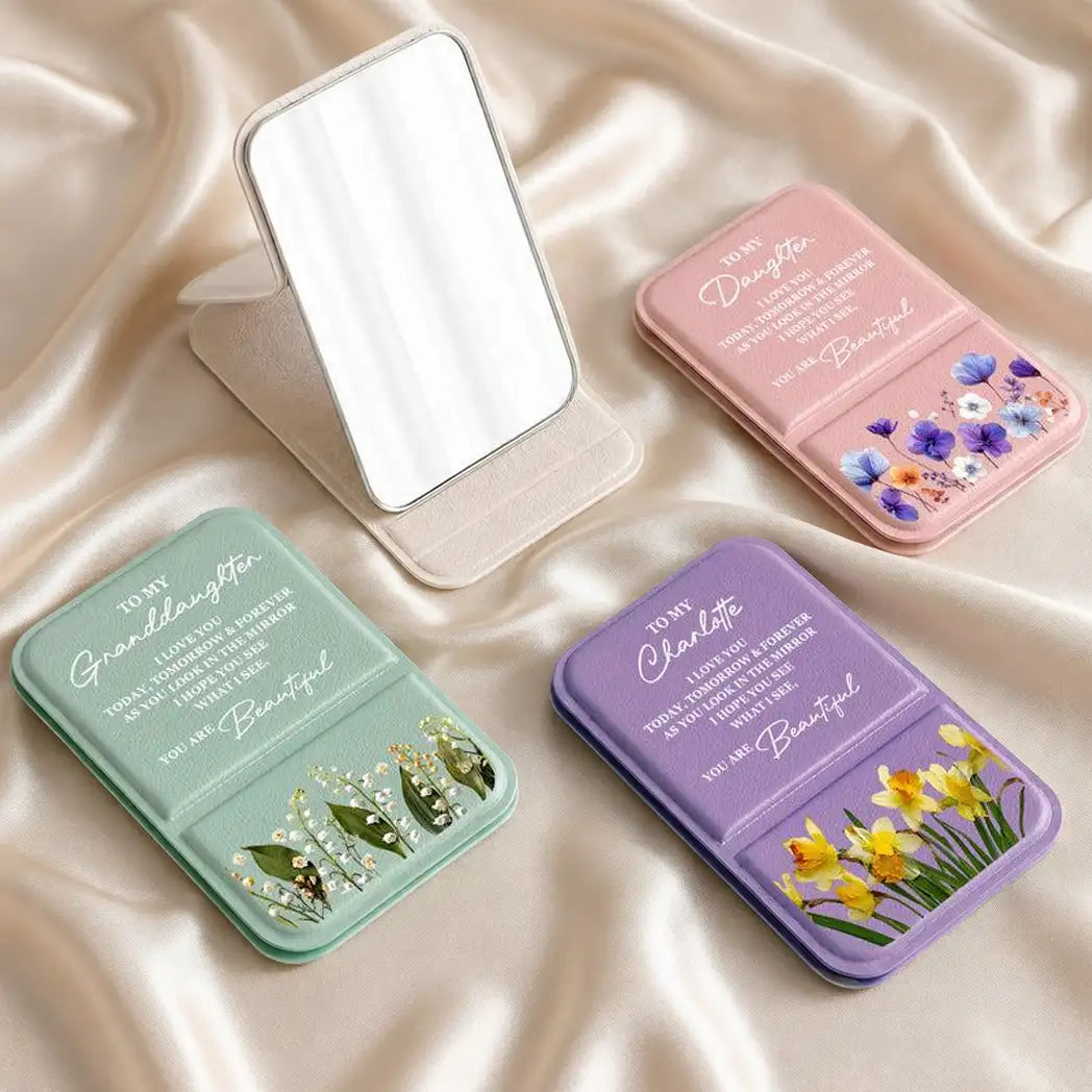 Leather Folding Makeup Mirror, Personalized Pastel Floral Quote, Unique Creative Gift for Daughter