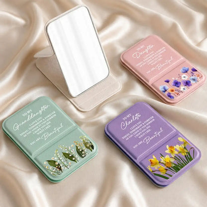 Leather Folding Makeup Mirror, Personalized Pastel Floral Quote, Unique Creative Gift for Daughter