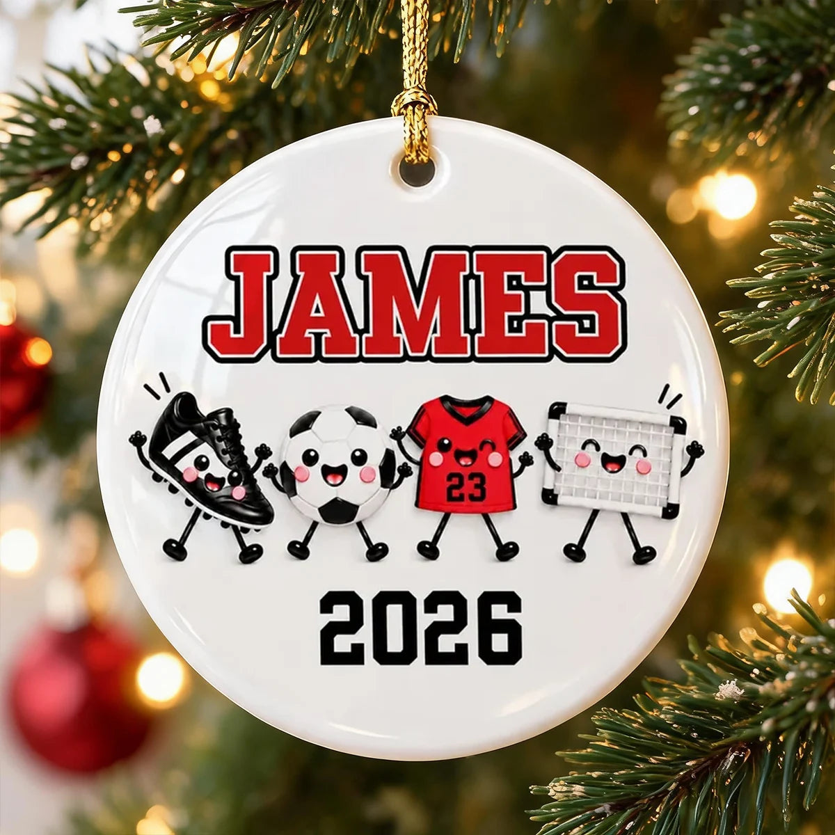 Personalized Soccer Ceramic Ornament, Cute Red Team Gear Christmas Keepsake, Unique Gift for Players & Fans