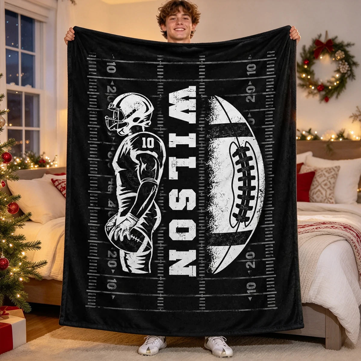 Personalized Fleece Blanket, Football Player Holding the Ball on the Field, Unique Gift for Son or Grandson