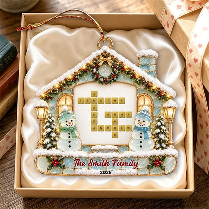 Personalized Acrylic Ornament, Family Name Crossword with Snowmen by a Snowy Cottage, Unique Gift for Family