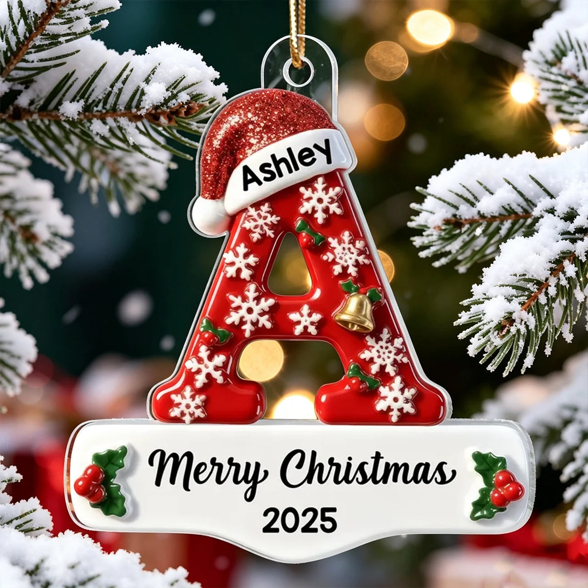 Personalized Acrylic Ornament, Red Santa Hat and Snowflake Design, Unique Christmas Gift for Family