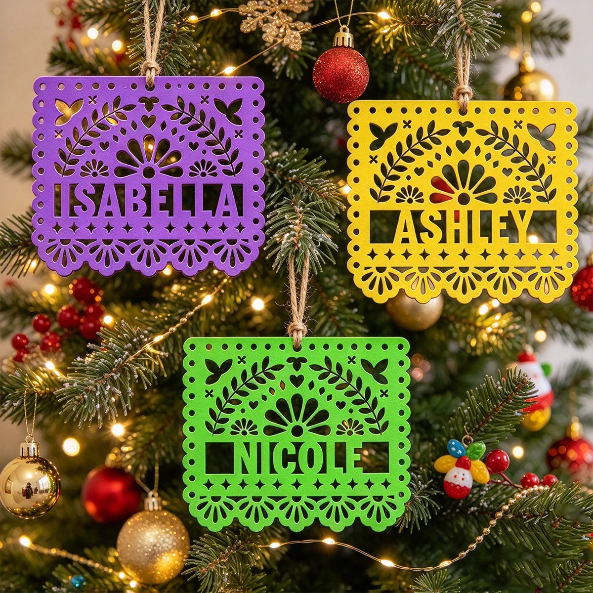 Personalized Wooden Ornament, Bright Papel Picado Art for Christmas Trees, Creative Keepsake Gift for Mom or Dad