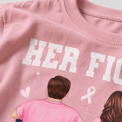 Her Fight Is My Fight Classic Tee, Personalized Seated Couple Illustration, Breast Cancer Awareness Support, Creative Gift