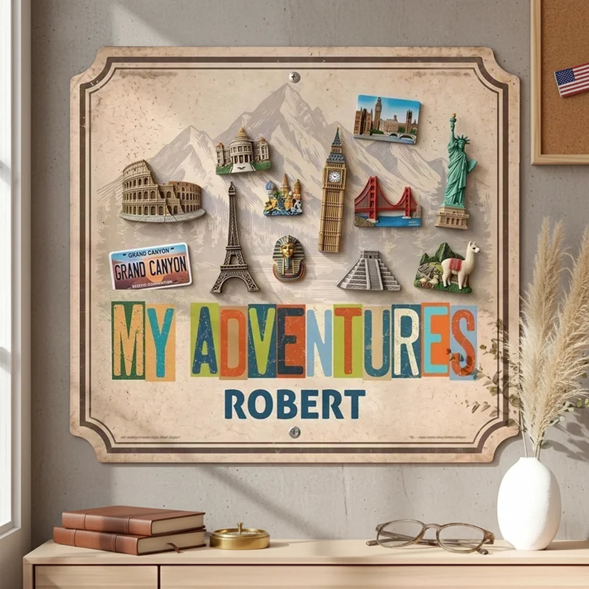 Personalized Shaped Metal Sign, My Adventures Vintage Mountain Landmark Magnet Display, Unique Gift for Travelers