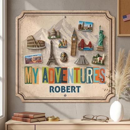 Personalized Shaped Metal Sign, My Adventures Vintage Mountain Landmark Magnet Display, Unique Gift for Travelers