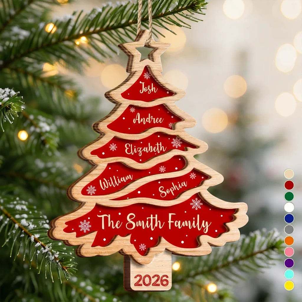 Personalized Wooden Ornament, Red Christmas Tree Design, Unique Family Gift for Seasonal Decor