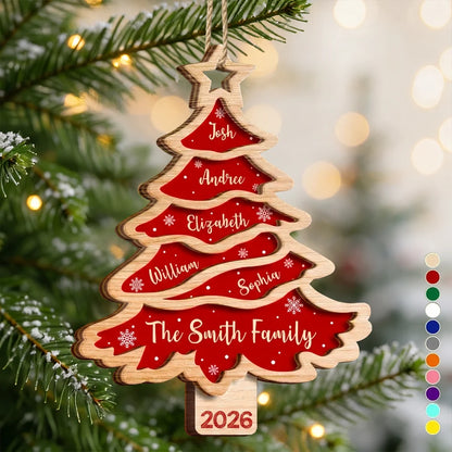 Personalized Wooden Ornament, Red Christmas Tree Design, Unique Family Gift for Seasonal Decor