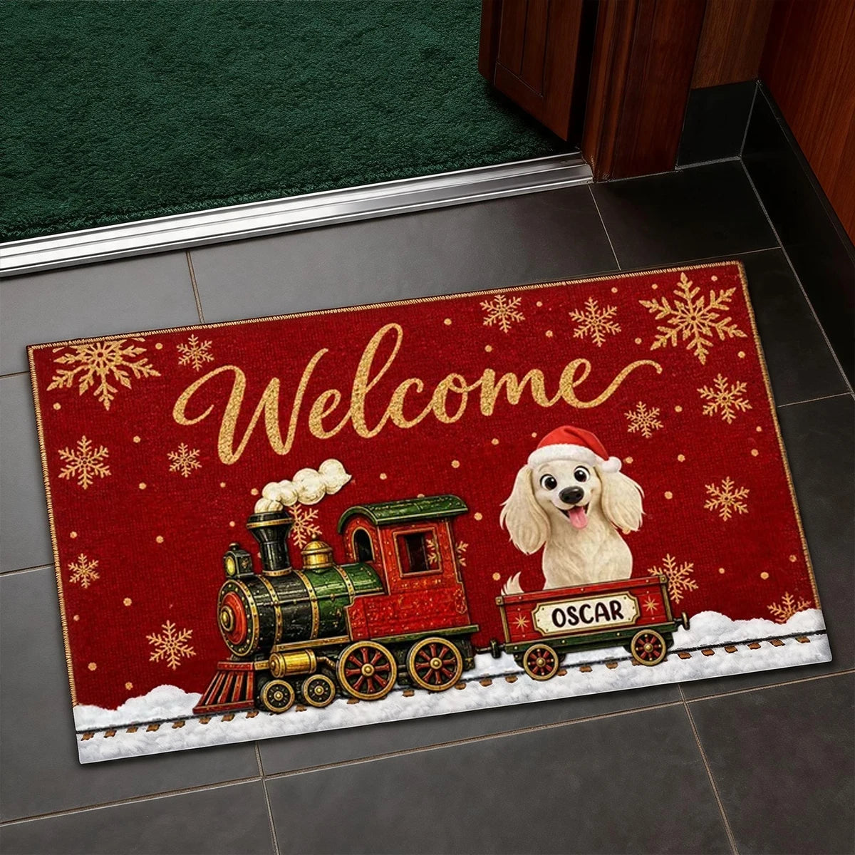 Personalized Standard Doormat with Christmas Dog Train, Red Snowflake Decor, Unique Gift for Dog Lovers