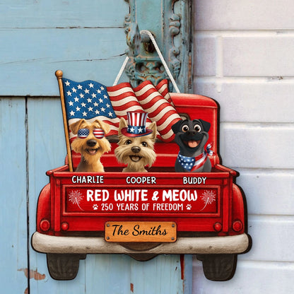 Personalized Patriotic Dog Wooden Sign, Red Truck With American Flags, Cute Funny Kitchen Decor, Unique Gift For Dog Lovers