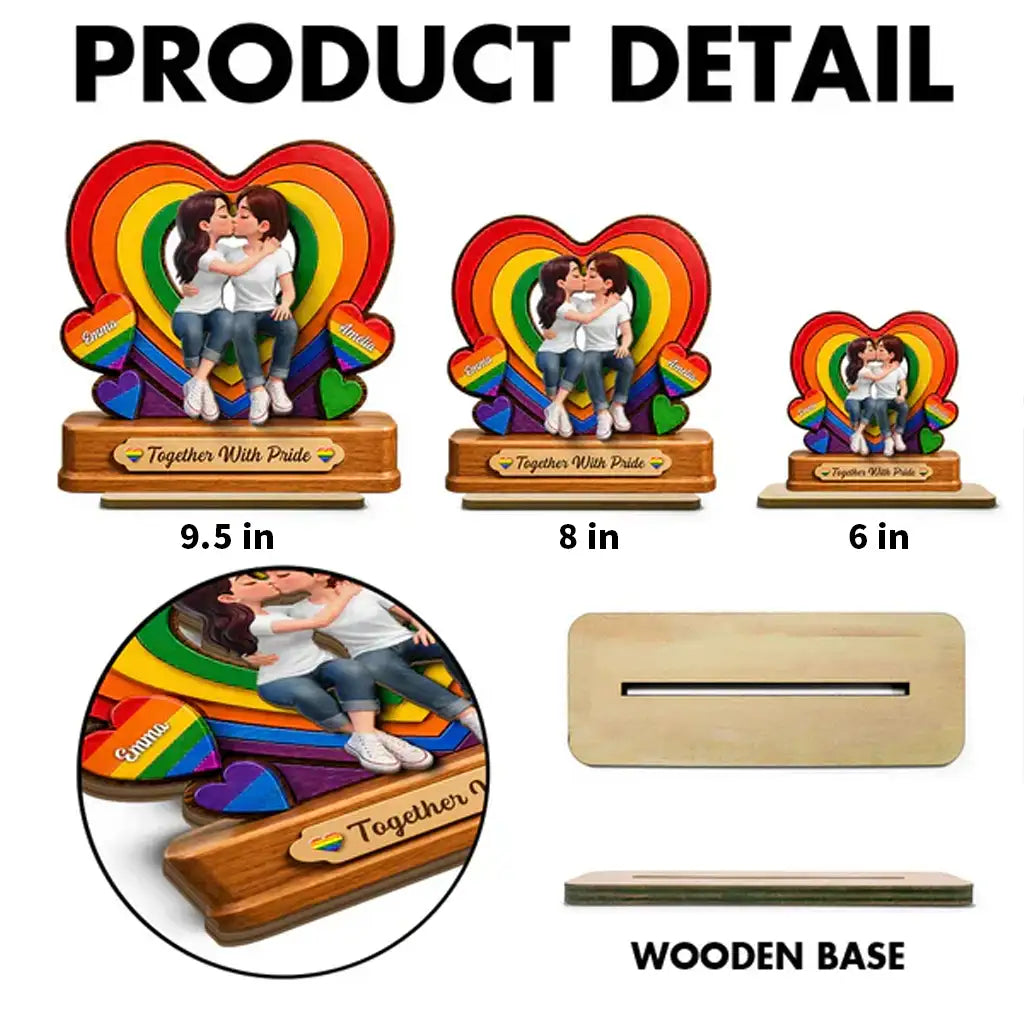 Personalized 2-Layer Wooden Plaque with Kissing LGBTQ Couple, Rainbow Heart, Unique Gift for Partner
