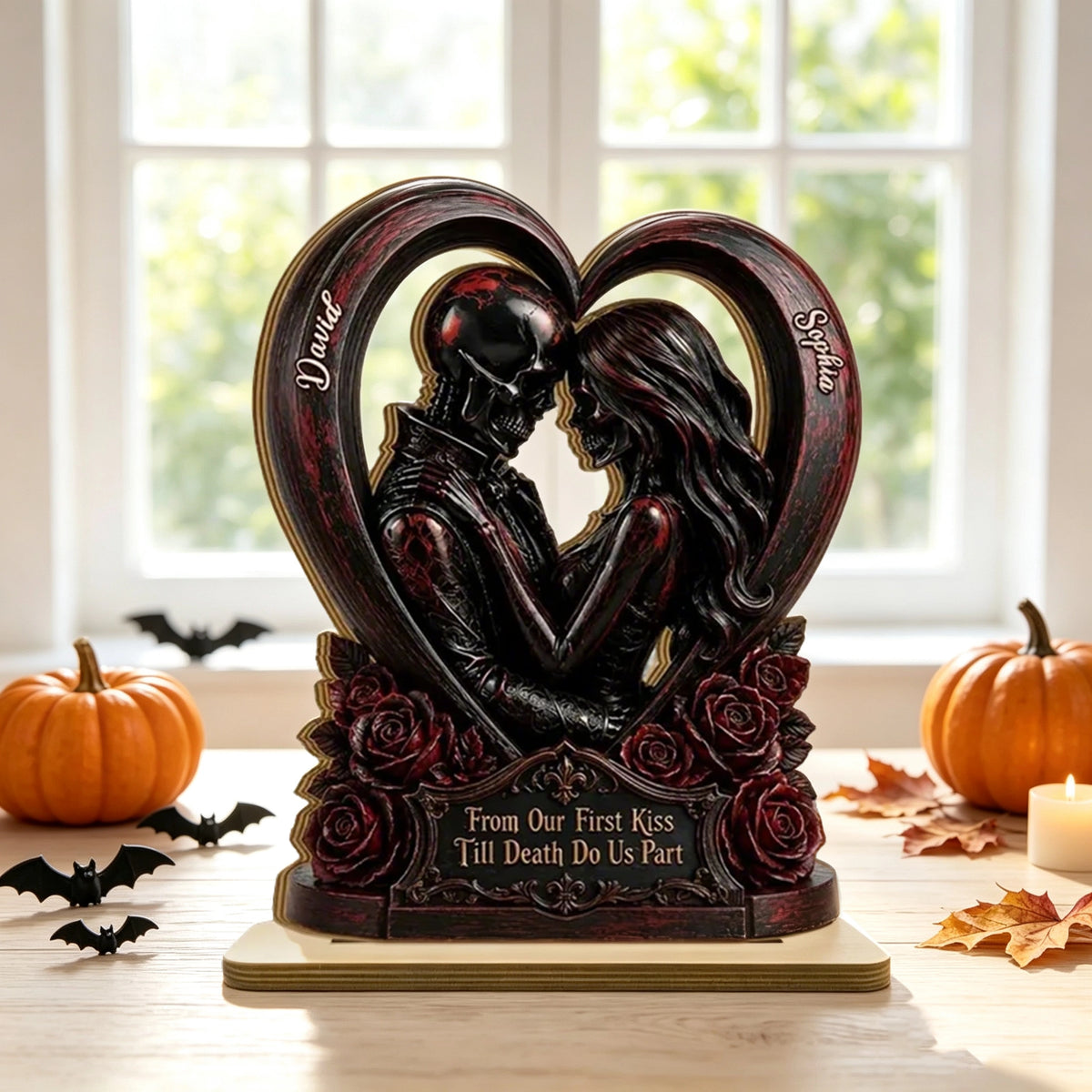 Personalized 2-Layer Wooden Plaque with Gothic Heart & Roses, From Our First Kiss Creative Gift for Couple