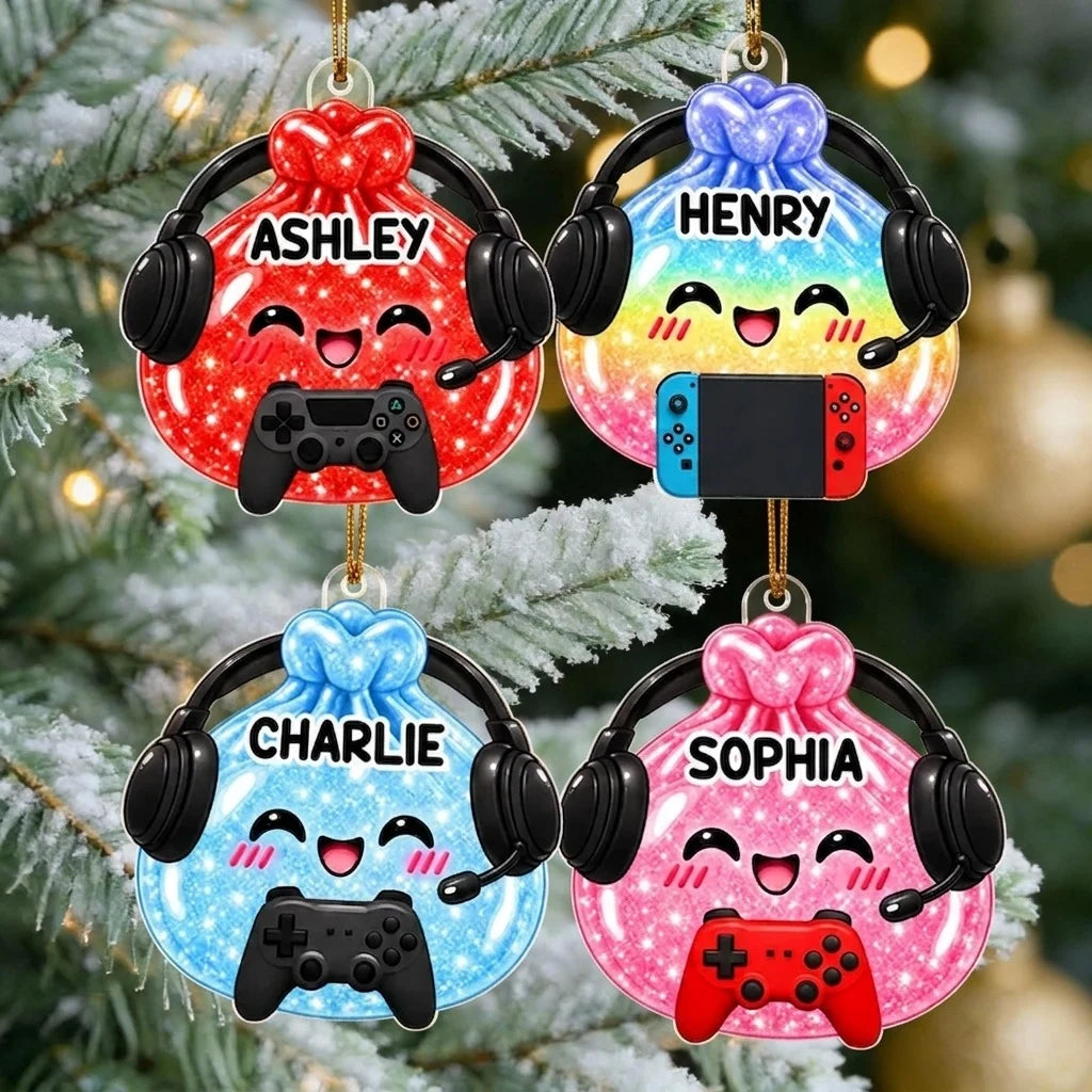 Personalized Acrylic Ornament, Cute Gamer Gift Bag with Headset on Christmas Tree, Unique Gift for Kids and Gamers