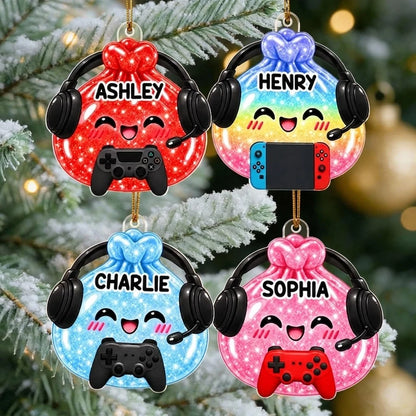 Personalized Acrylic Ornament, Cute Gamer Gift Bag with Headset on Christmas Tree, Unique Gift for Kids and Gamers