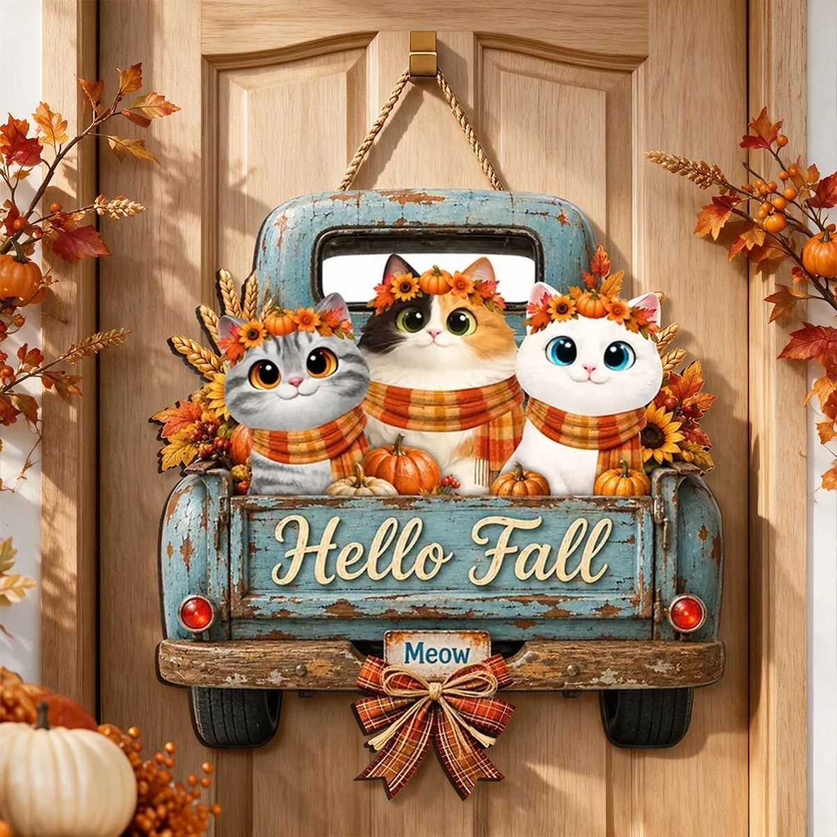 Personalized Wooden Sign with Cats in a Teal Vintage Truck, Rustic Fall Decor, Unique Gift for Cat Lovers