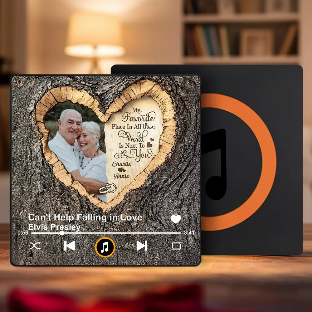 Personalized Acrylic Music Magnet with Couple Photo Heart Woodgrain Look, Romantic Fridge Decor, Unique Gift for Him or Her