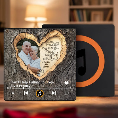 Personalized Acrylic Music Magnet with Couple Photo Heart Woodgrain Look, Romantic Fridge Decor, Unique Gift for Him or Her