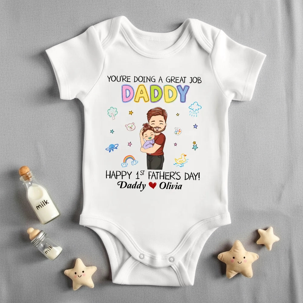 Custom Short Sleeve Baby Onesie for New Dads, Cute Dad and Baby Hug Illustration, A Thoughtful First Father's Day Gift
