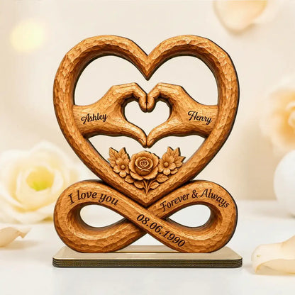 Personalized 2-Layer Wooden Plaque, Heart Hands & Infinity Design, Unique Gift for Couple
