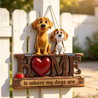 Personalized Wooden Sign With Dog Illustration, Home Is Where My Dogs Are, Unique Gift for Dog Lovers