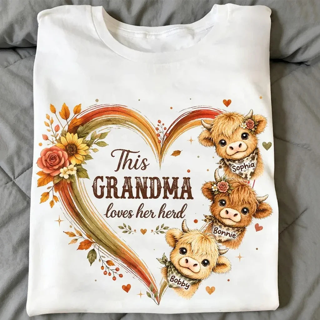 Personalized Classic Tee with Cute Highland Cows, Autumn Floral Heart, Unique Gift for Grandma