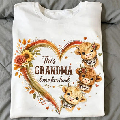 Personalized Classic Tee with Cute Highland Cows, Autumn Floral Heart, Unique Gift for Grandma