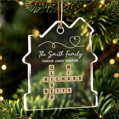 Personalized Acrylic Ornament, House Shaped Family Keepsake With Linked Heart, Unique Gift for Parents