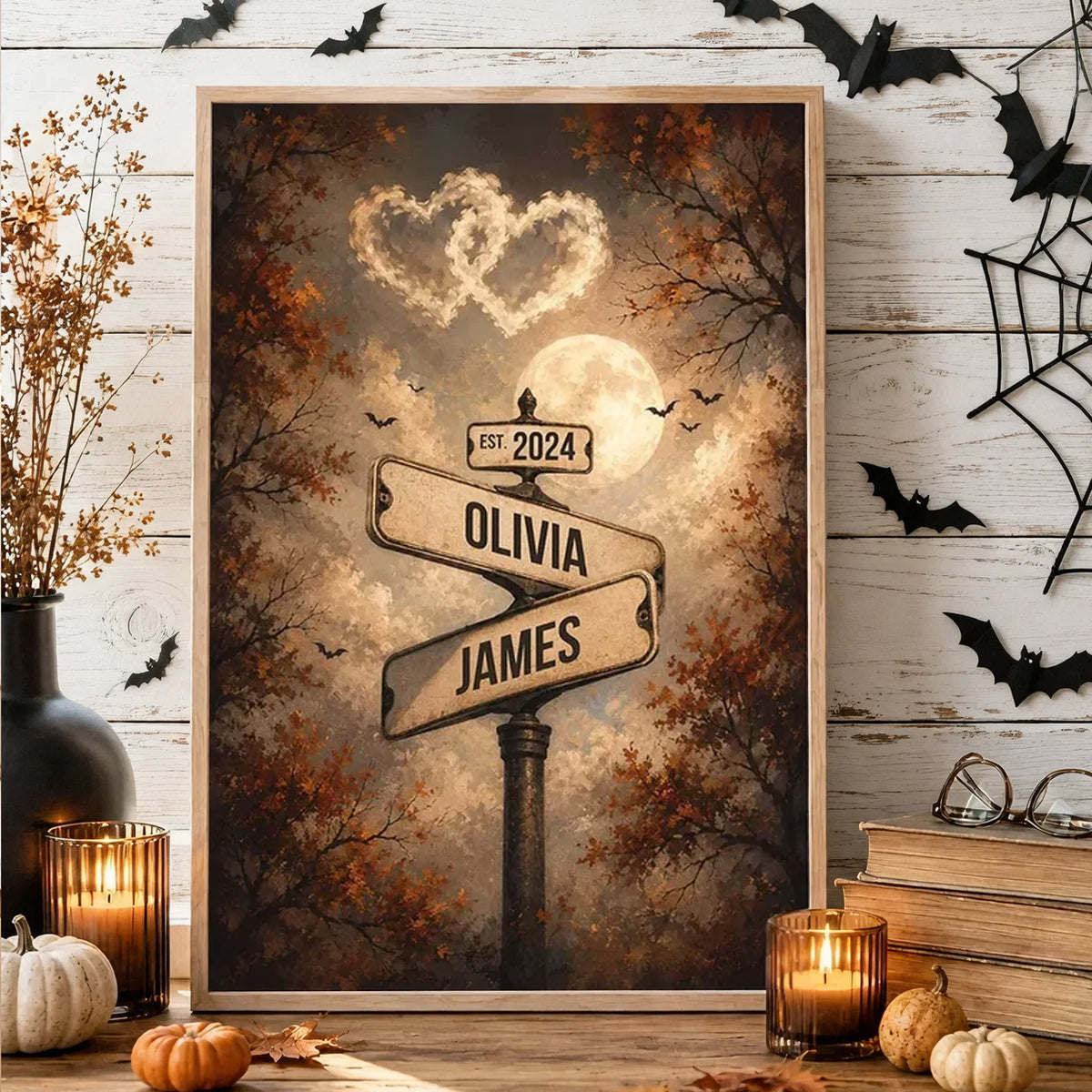 Personalized Poster with Couple Street Signs, Full Moon and Bats, Unique Halloween Gift for Couples