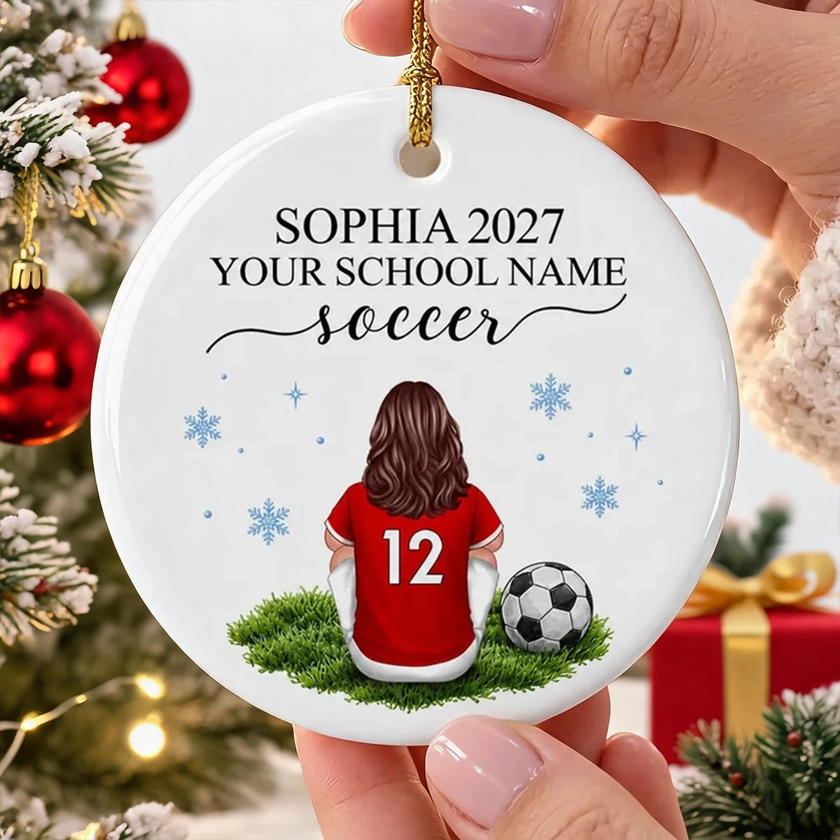 Personalized Ceramic Ornament, Seated Soccer Player in Red Jersey, Unique Christmas Gift for Athletes