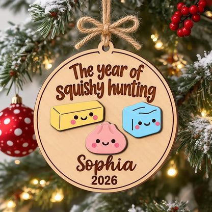 Personalized 2-Layer Wooden Ornament, Cute Squishy Design on a Lit Christmas Tree, Creative Gift for Collectors