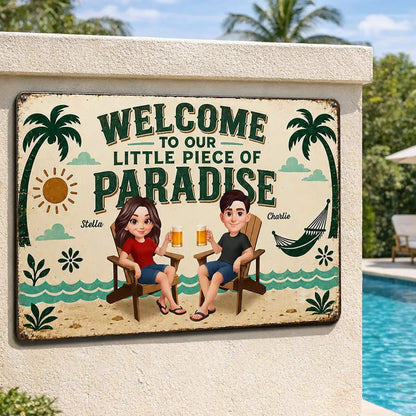 Personalized Rectangular Iron Sign, Seated Couple Pool Paradise Decor, Unique Gift for Couples