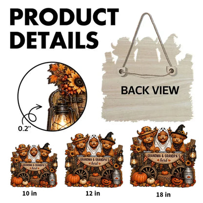 Personalized Wooden Sign with Costumed Highland Cows and Pumpkin Wagon, Unique Fall Gift for Grandparents