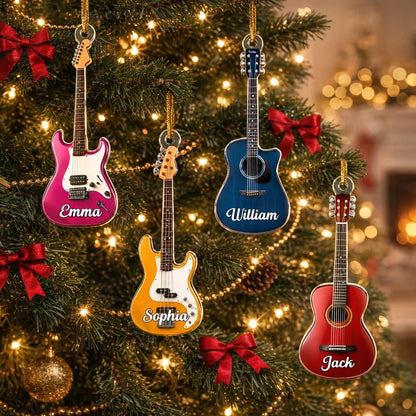 Personalized Guitar Acrylic Ornament Hanging on a Lit Christmas Tree, Unique Gift for Guitarists