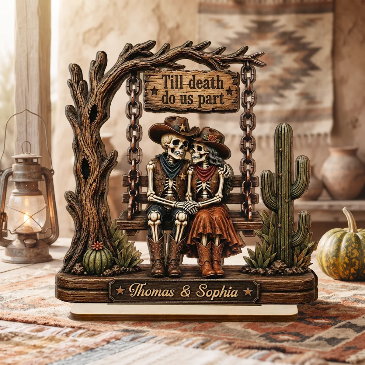 Personalized 2-Layer Wooden Plaque, Cowboy Skeleton Couple Halloween Decor, Unique Gift for Couple
