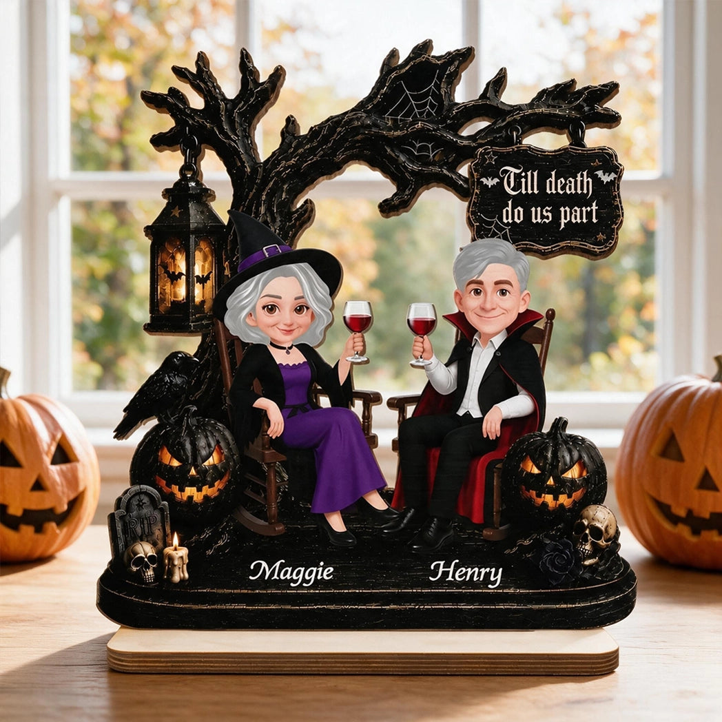 Personalized 2-Layer Wooden Plaque, Couple Sitting Under a Spooky Tree, Unique Halloween Gift for Couples