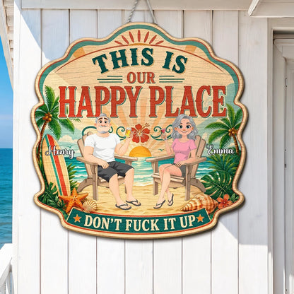 Personalized Wooden Sign With Tropical Happy Place Beach Lounge Scene, Unique Creative Gift for Couple