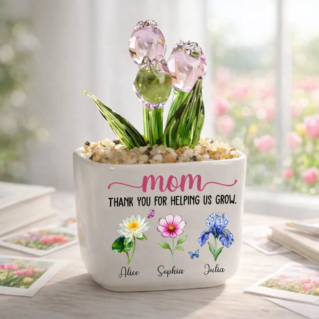 Personalized Square Glass Planter with Purple Tulips, Thank You for Helping Us Grow, Unique Gift for Mom