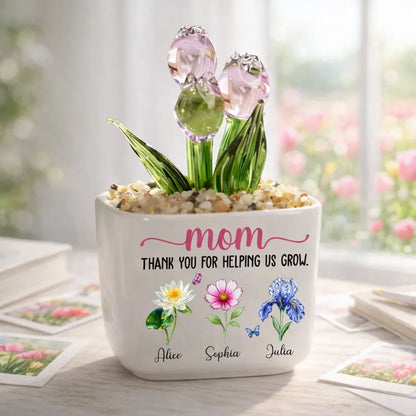 Personalized Square Glass Planter with Purple Tulips, Thank You for Helping Us Grow, Unique Gift for Mom