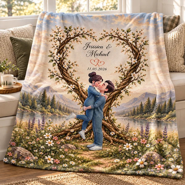 Fleece Blanket with Romantic Mountain Lake Scene and Kissing Couple, Personalized Creative Gift for Her or Him