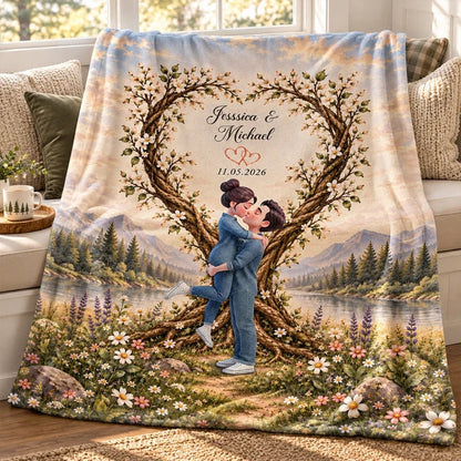 Fleece Blanket with Romantic Mountain Lake Scene and Kissing Couple, Personalized Creative Gift for Her or Him
