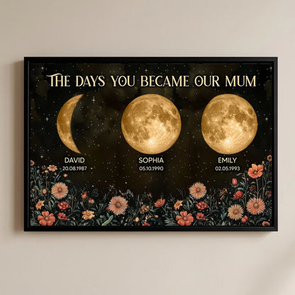 Personalized Moon Phases & Vintage Wildflowers Poster for Mom, The Days You Became Our Mum, Unique Mother's Day Gift