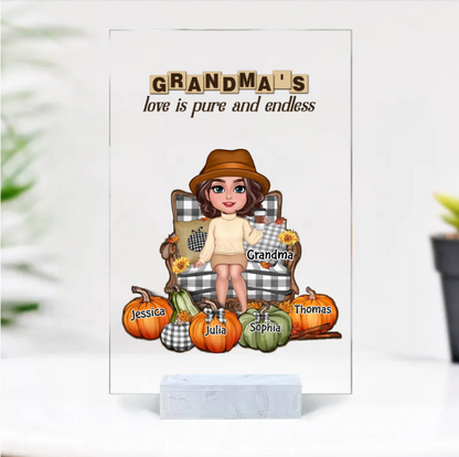 "Personalized Grandma's Autumn Pumpkin Ornament, Poster, Keychain, Plaque, Pillow & Blanket and Cup - A Heartwarming Gift for Loved Ones"