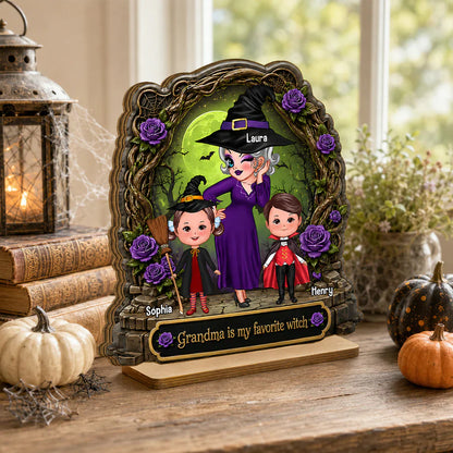 Personalized 2-Layer Wooden Plaque, Witch Grandma with Grandkids, Unique Halloween Gift