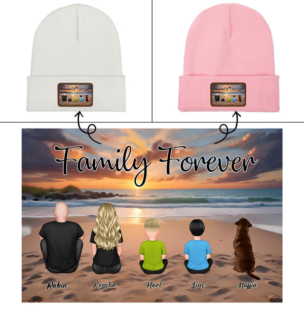 Beach Landscape Family Sitting Back View - Personalized Knit Hat or Card or Plaque or Keychain or Poster or Car Hanger or Pillow or Cup- Ideal Gift for Loved Ones