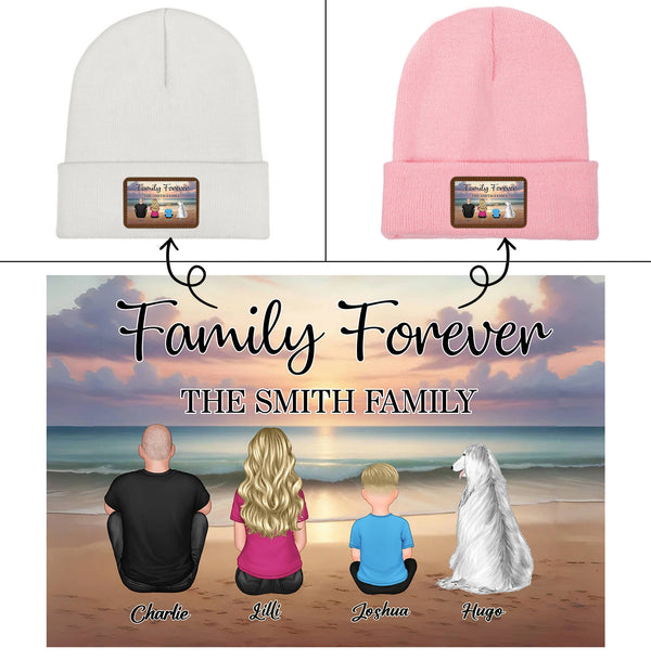 Family Forever Beach Design - Personalized Knit Hat, Wallet Card, Blanket, Cotton Tote Bag, Wooden Carhanger, LED Plaque, Keychain and Poster, Unique Gift